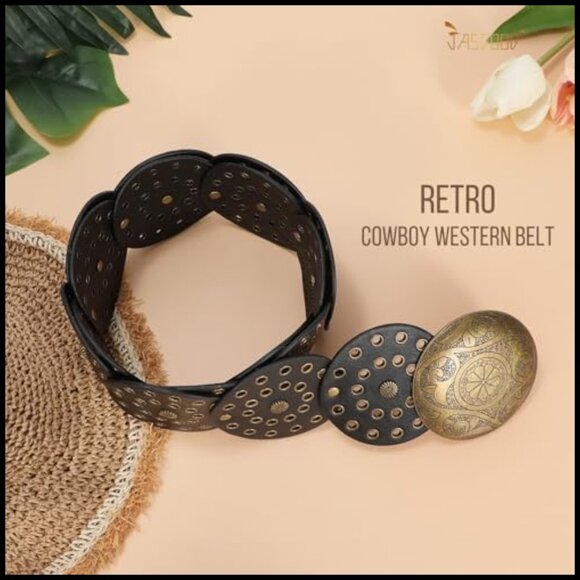 Western Concho Belt Faux Leather Wide Hollow Disc Waist Belt Retro Boho